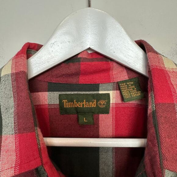 Timberland Flannel Shirt Button Down Plaid Checkered Red Green Cotton Large - Picture 5 of 5